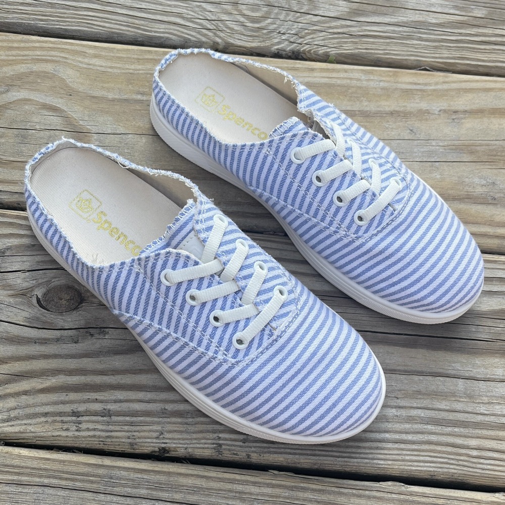 Spenco Orthotic Canvas Mules Santa Rosa Blue White Stripe Slip On Shoes 6.5 NEW